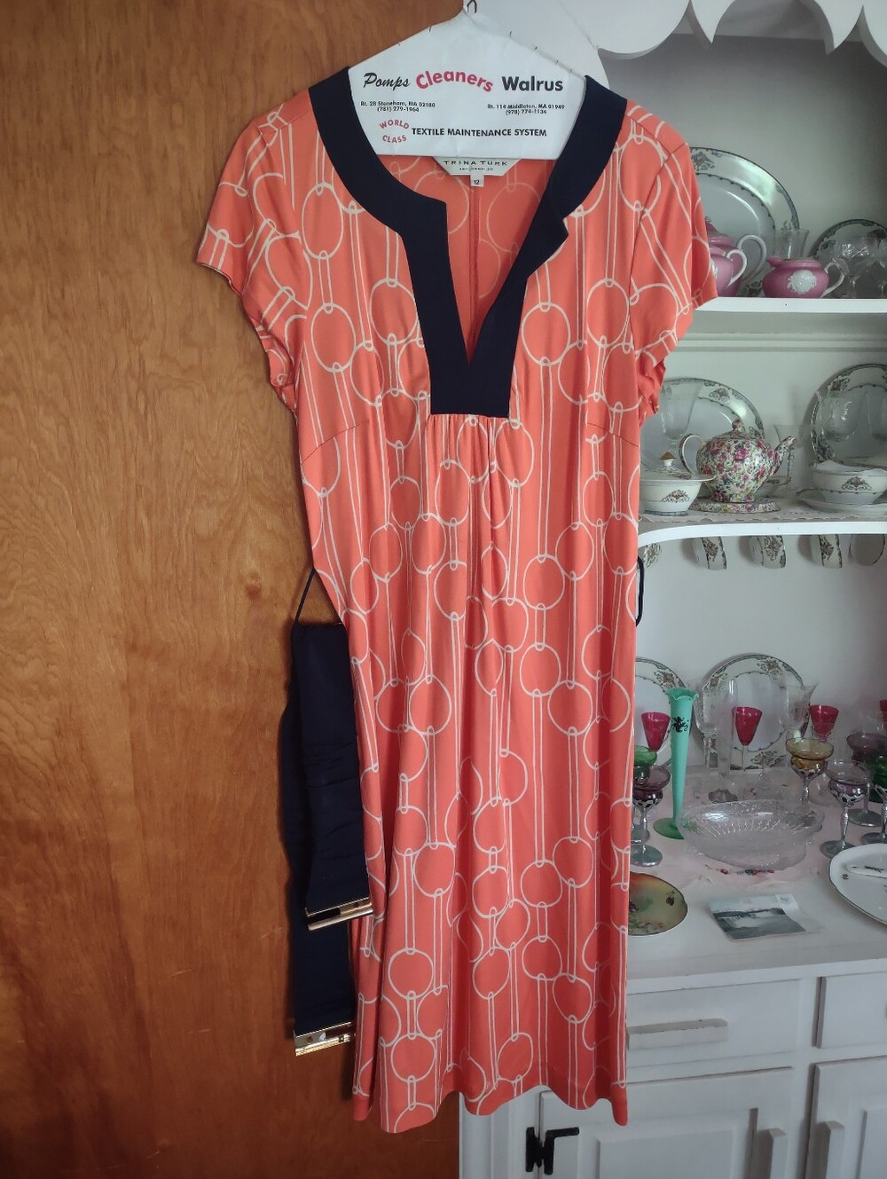 Coral Chain-Print Short Sleeve Silk Dress with Black Trim